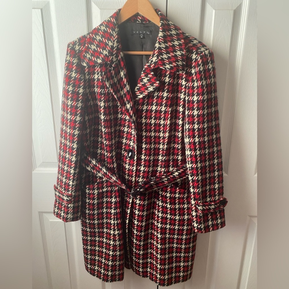 VESTI Red/Black Houndstooth Wool Blend Retro Classy Rockabilly Trench Coat SZ 16